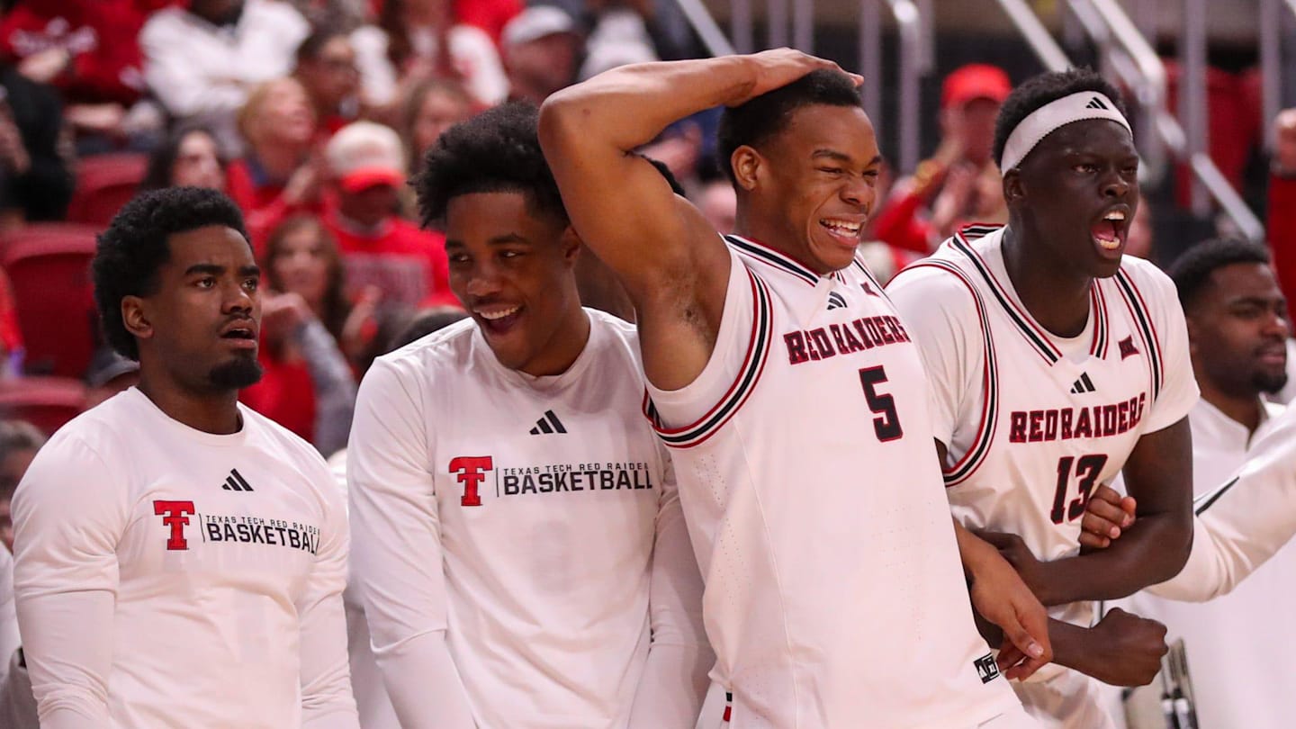 Texas Tech players, from left, Jazz Henderson, Leon Horner, Josiah Moseley and Marial Akuentok react to a dunk against Kansas State during a Big 12 Conference men's basketball game, Saturday, Feb. 21, 2026, in United Supermarkets Arena.