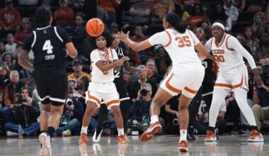 Feb 22, 2026; Austin, Texas, USA; Texas Longhorns guard Rori Harmon (3) passes the ball to forward Madison Booker (35) during the first quarter against the Mississippi Rebels at Moody Center. Mandatory Credit: Dustin Safranek-Imagn Images