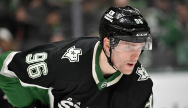 Feb 2, 2026; Dallas, Texas, USA; Dallas Stars right wing Mikko Rantanen (96) look on during the third period against the Winnipeg Jets at the American Airlines Center. Mandatory Credit: Jerome Miron-Imagn Images