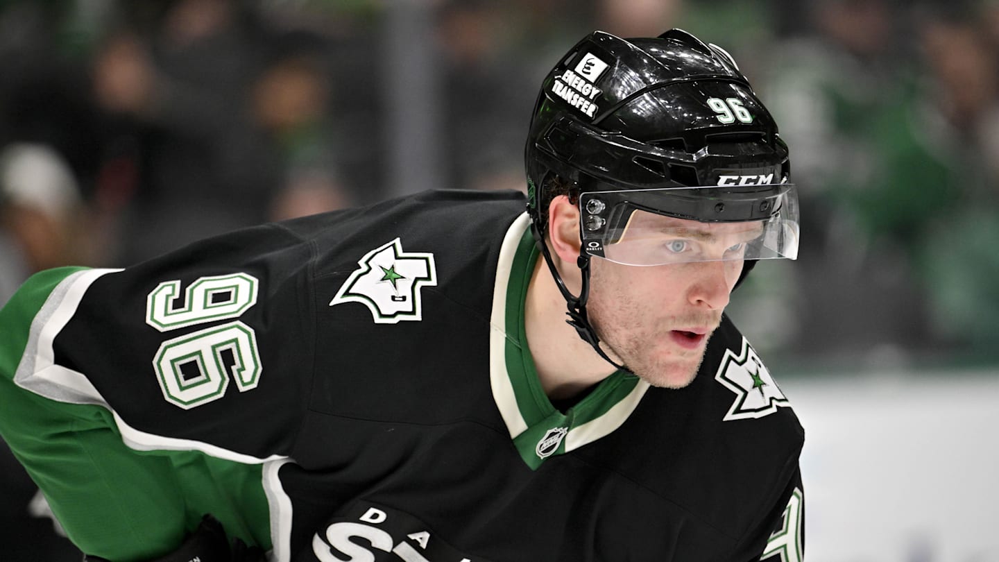 Feb 2, 2026; Dallas, Texas, USA; Dallas Stars right wing Mikko Rantanen (96) look on during the third period against the Winnipeg Jets at the American Airlines Center. Mandatory Credit: Jerome Miron-Imagn Images