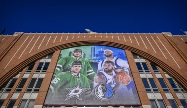 Oct 28, 2025; Dallas, Texas, USA; An exterior view of the arena with the banner images of Dallas Stars right wing Mikko Rantanen and Stars defenseman Miro Heiskanen and Dallas Mavericks guard Kyrie Irving and Mavericks forward Anthony Davis and before the game between the Stars and the Washington Capitals at the American Airlines Center. Mandatory Credit: Jerome Miron-Imagn Images