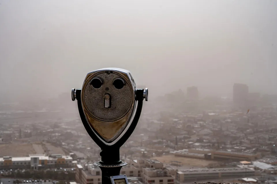 Strong winds bring dust into the El Paso area as seen from Scenic Drive on Feb. 17, 2026. Gusts up to 44 mph are expected across the region Tuesday, prompting a fire weather watch for El Paso and Southern New Mexico as dry air and high winds create dangerous fire conditions, according to the National Weather Service.