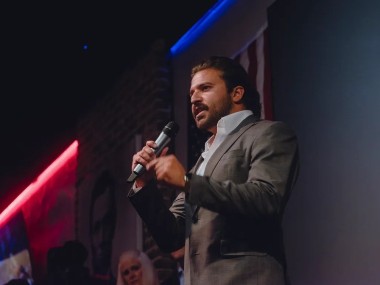 Brandon Herrera, Republican candidate for the U.S. House for Texas’ 23rd congressional district, speaks during a campaign event at the Angry Elephant, a politically themed bar, on March 14, 2024 in San Antonio.