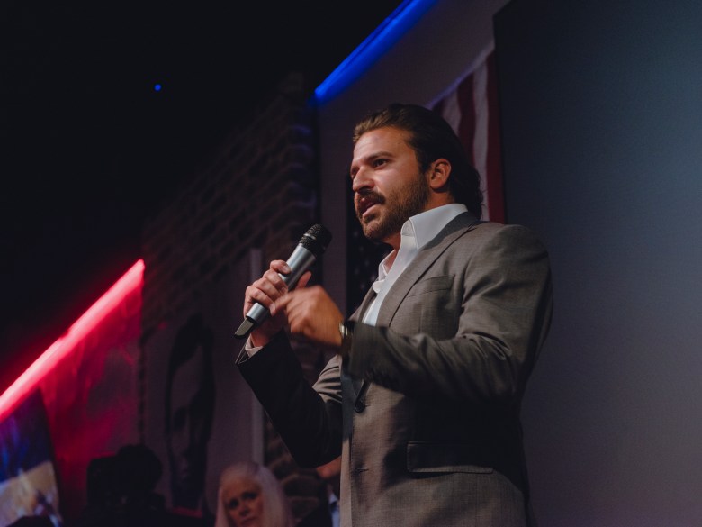 Brandon Herrera, Republican candidate for the U.S. House for Texas’ 23rd congressional district, speaks during a campaign event at the Angry Elephant, a politically themed bar, on March 14, 2024 in San Antonio.