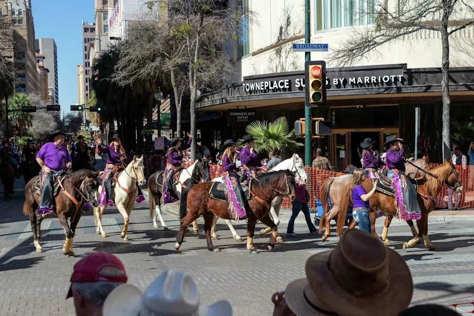 Riders make their way down Houston Street during the Western Heritage Parade on Saturday, Feb. 7, 2026. (Blaine Young/Contributor)