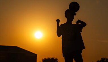 Pu Reh, 13, goes for a header while soccer training at Capp Smith Park in Watauga on Thursday, June 27, 2024. Temperatures rose to over 100 degrees as the summer heatwave begins to heat up.