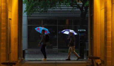 Pedestrian walk down Crockett Street during a thunderstorm on Wednesday, April 30, 2025, in Fort Worth