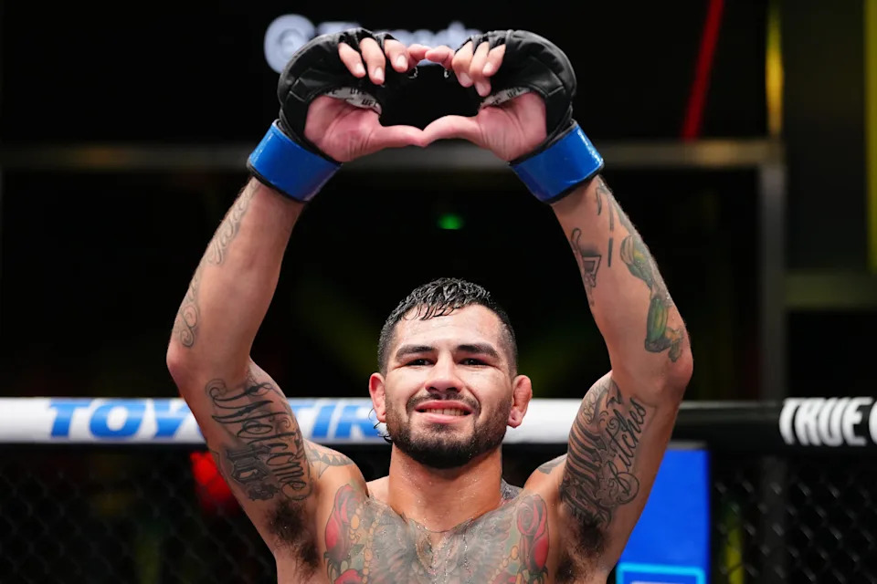 LAS VEGAS, NEVADA - AUGUST 09: Anthony Hernandez reacts after a submission victory against Roman Dolidze of Georgia in a middleweight fight during the UFC Fight Night event at UFC APEX on August 09, 2025 in Las Vegas, Nevada.  (Photo by Jeff Bottari/Zuffa LLC)