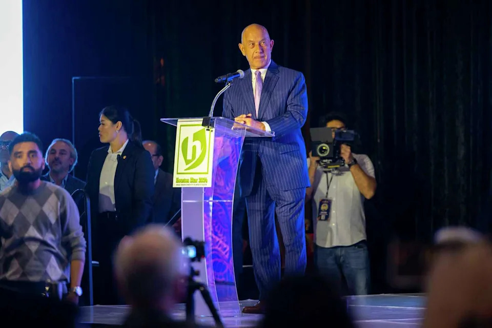 Mayor John Whitmire pauses during his speech to look at demonstrators at the "Houston Iftar" 25th Annual Ramadan Dinner at the Bayou Events Center on Sunday, March 17, 2024, in Houston (Annie Mulligan/Contributor)