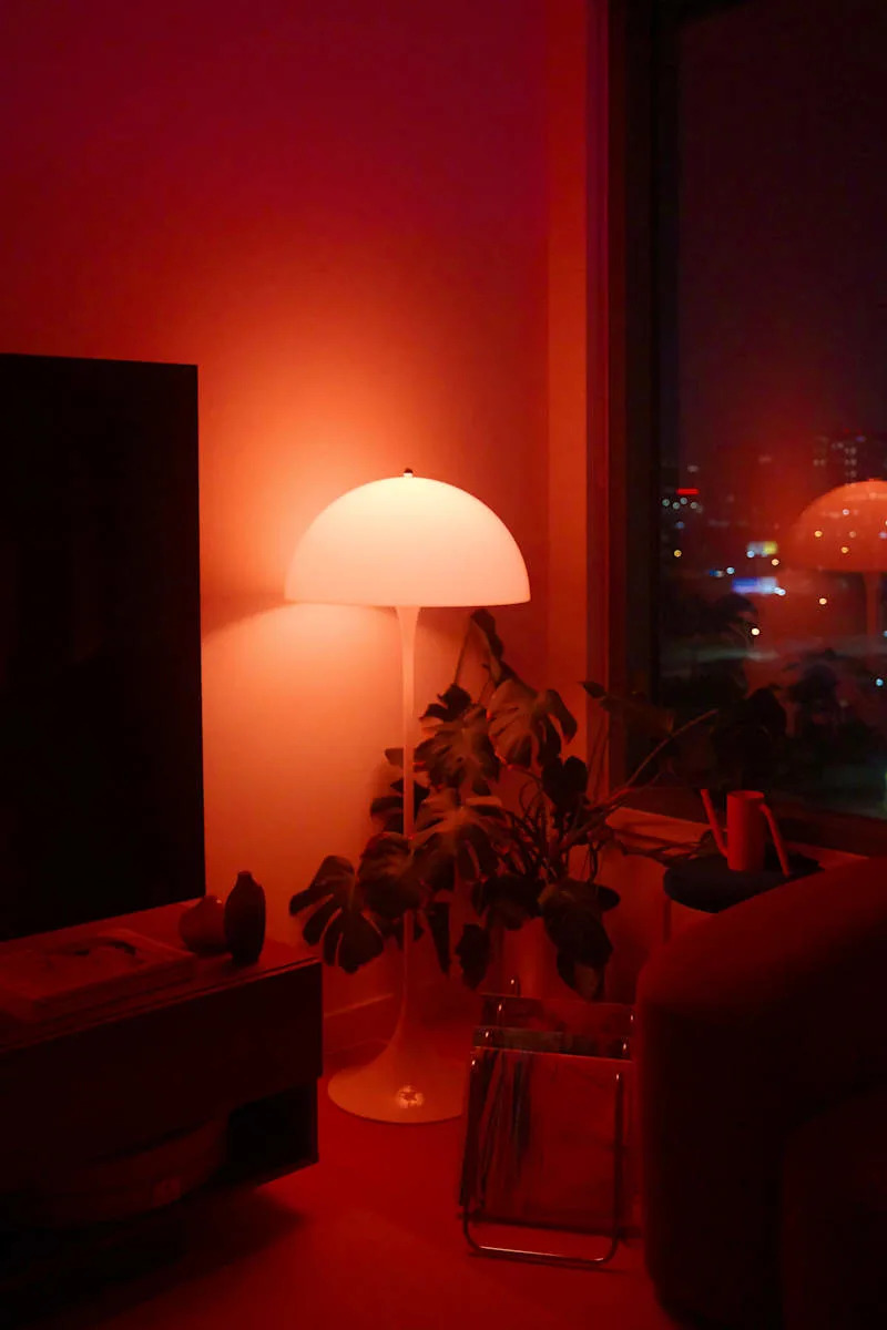 A modern floor lamp with a round shade illuminates a cozy living room corner, featuring a plant, a dark TV, and colorful decor.
