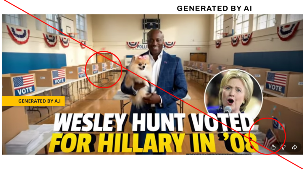 This AI-generated ad shows Republican Texas attorney general candidate Wesley Hunt in a polling place.