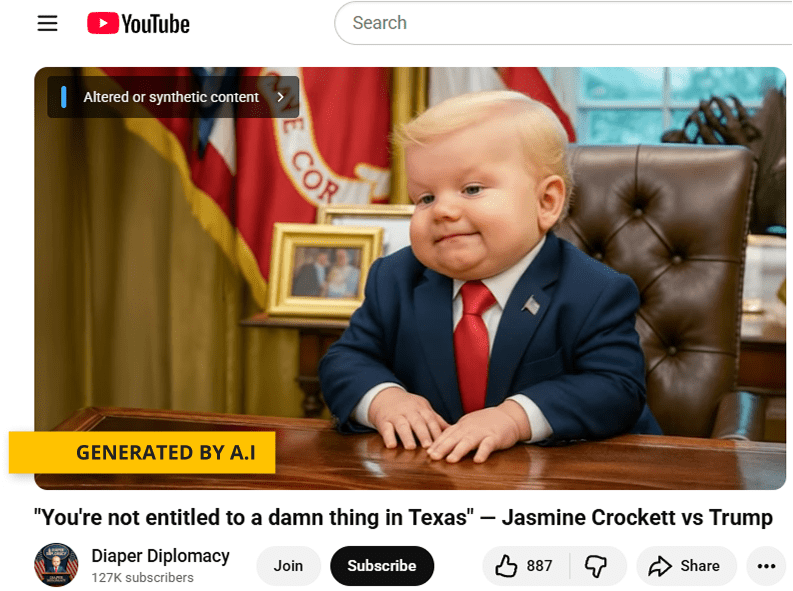 This screenshot of an AI-generated political ad shows President Donald Trump as a baby.