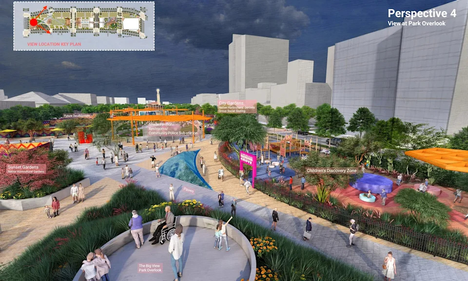 Rendering of what one park may look like in proposed Downtown El Paso deck plaza/park over Interstate 10. This is the so-calle City Gardens area between Santa Fe and Oregon streets in the proposed first phase.