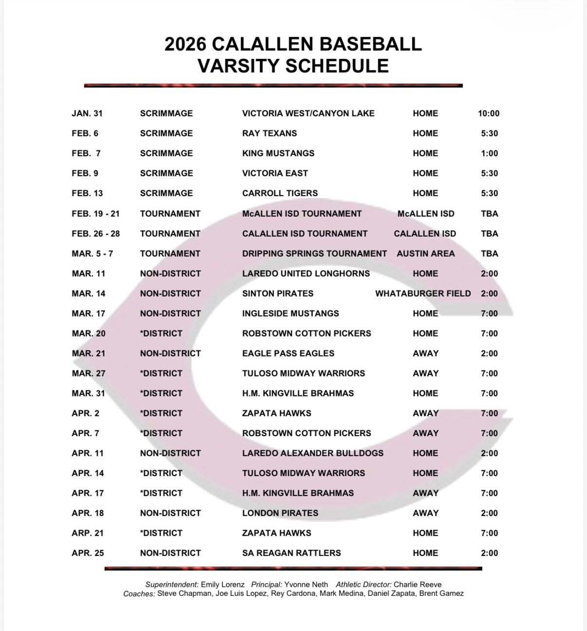 Calallen Wildcats Baseball 2026 varsity schedule