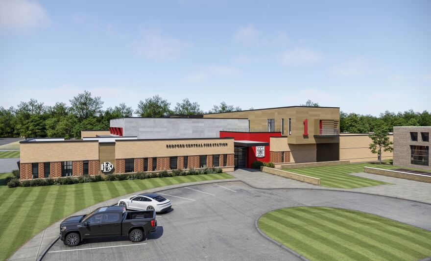 A rendering by architect Jim Tharp of the future Bedford Central Fire Station, estimated to be completed in late 2027.
