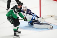 Dallas Stars defenseman Thomas Harley (55) scores the game-winning goal on Winnipeg Jets...