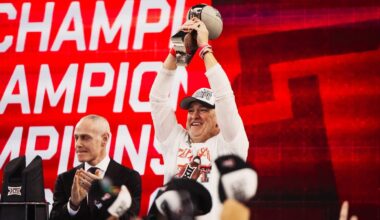 Texas Tech safeties coach Rob Greene speaks to his position groups during warmups prior to the Red Raiders' home game against Kansas.