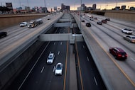 The LBJ TEXpress Lanes run below Interstate 635 near Preston Road in Dallas on Feb. 8, 2024....