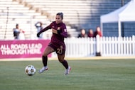 Dallas Trinity FC's Camryn Lancaster runs with the ball against Brooklyn FC on Saturday,...