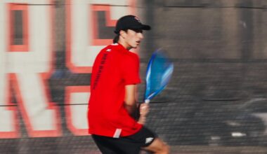 The Texas Tech men's tennis team hypes each other up on the court before playing against UTRGV.