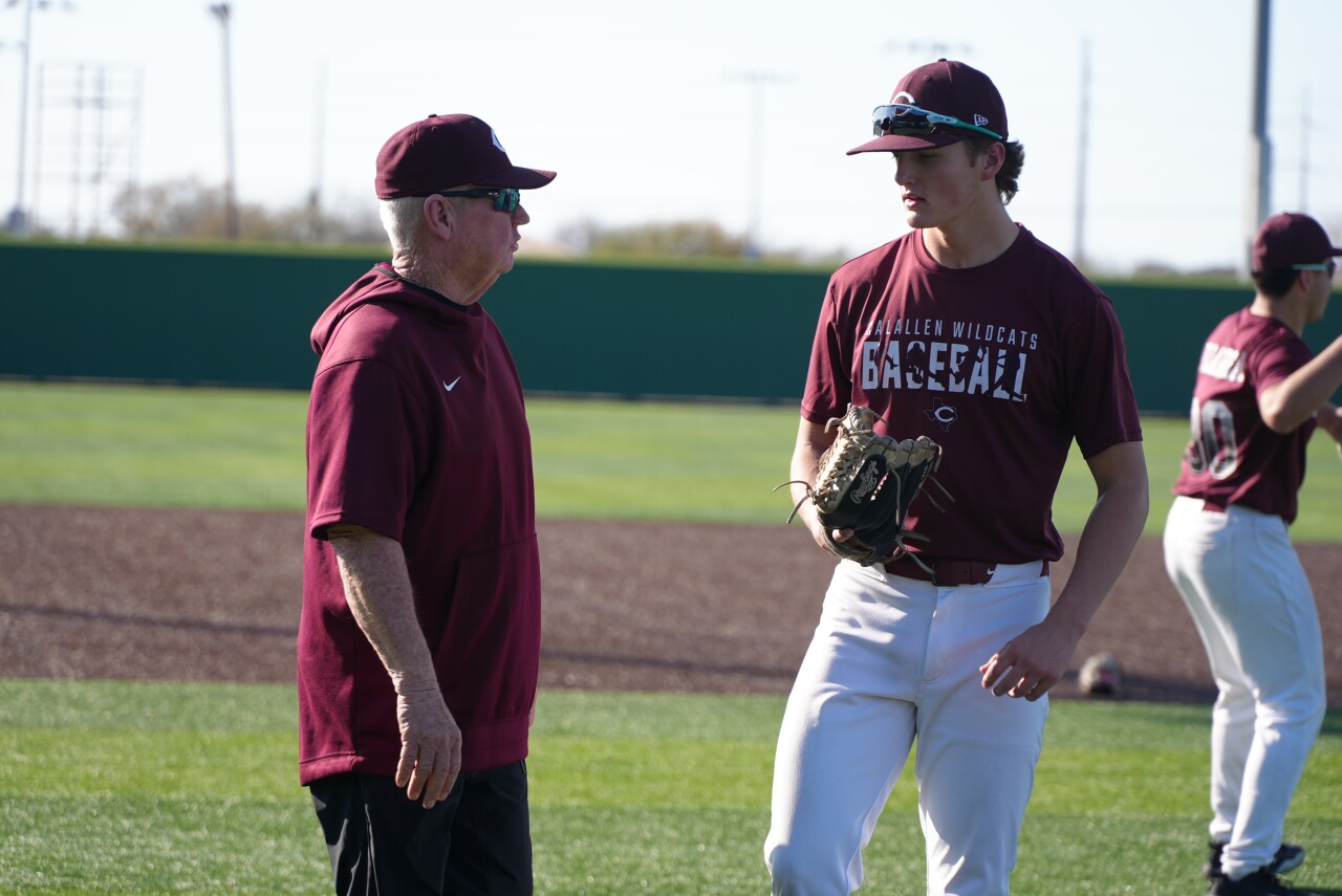 Calallen baseball head coach Steve Chapman with senior pitcher Coll Carroll