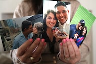 Heather Alambarrio holds up photos of her and her husband, Rafael, at her home in McKinney...