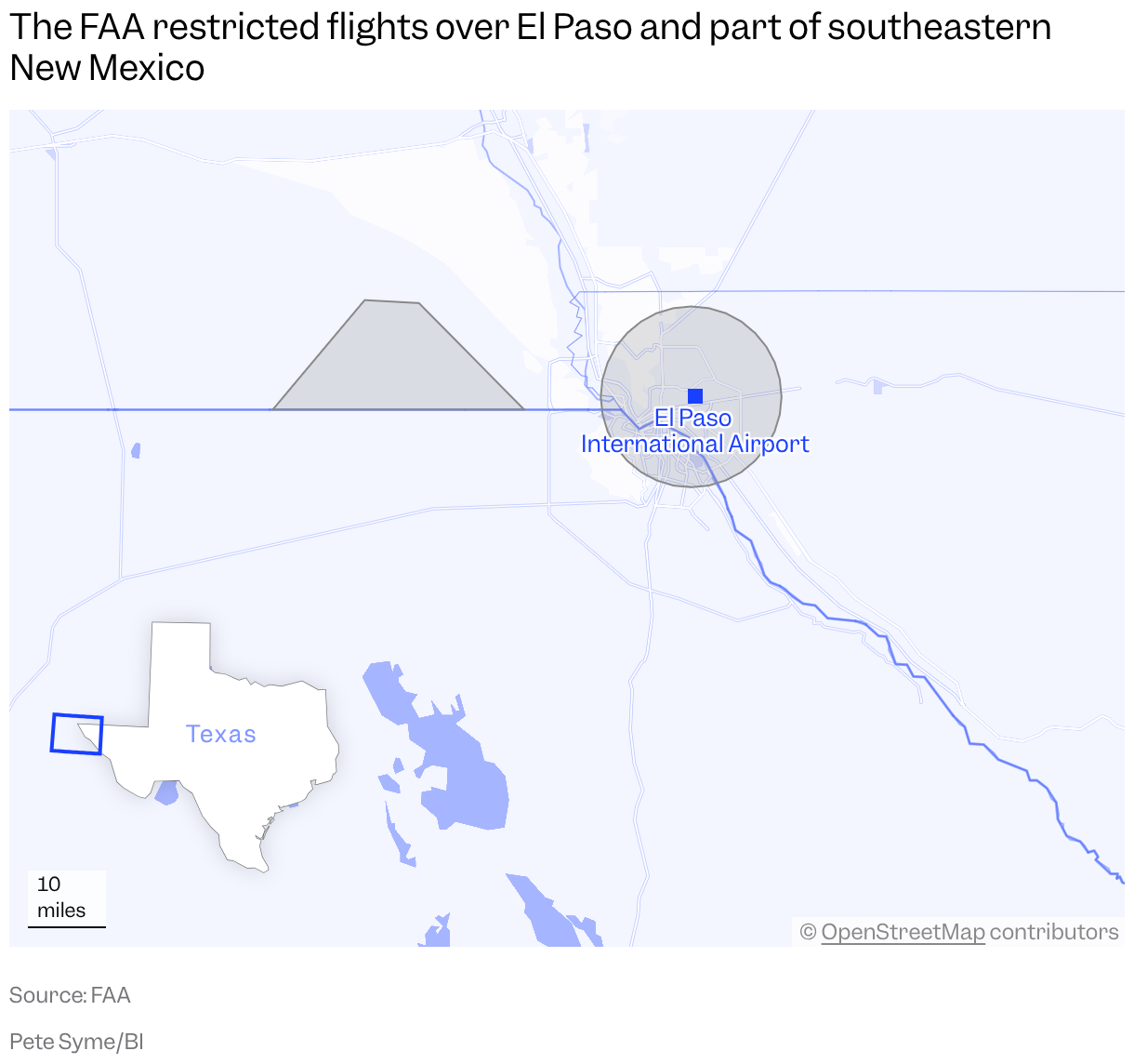 A map of El Paso shows the area flights are restricted between February 10 and February 20