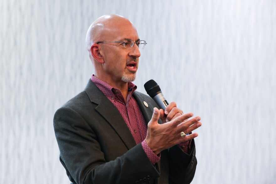 State Rep. Matt Shaheen speaks before the Collin County GOP candidate runoff forum Thursday, April 25, 2024, at Holiday Inn & Suites in McKinney.
