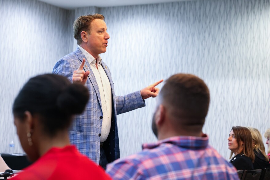 Congressman Pat Fallon talks during the Collin County GOP candidate runoff forum Thursday, April 25, 2024, at Holiday Inn & Suites in McKinney.