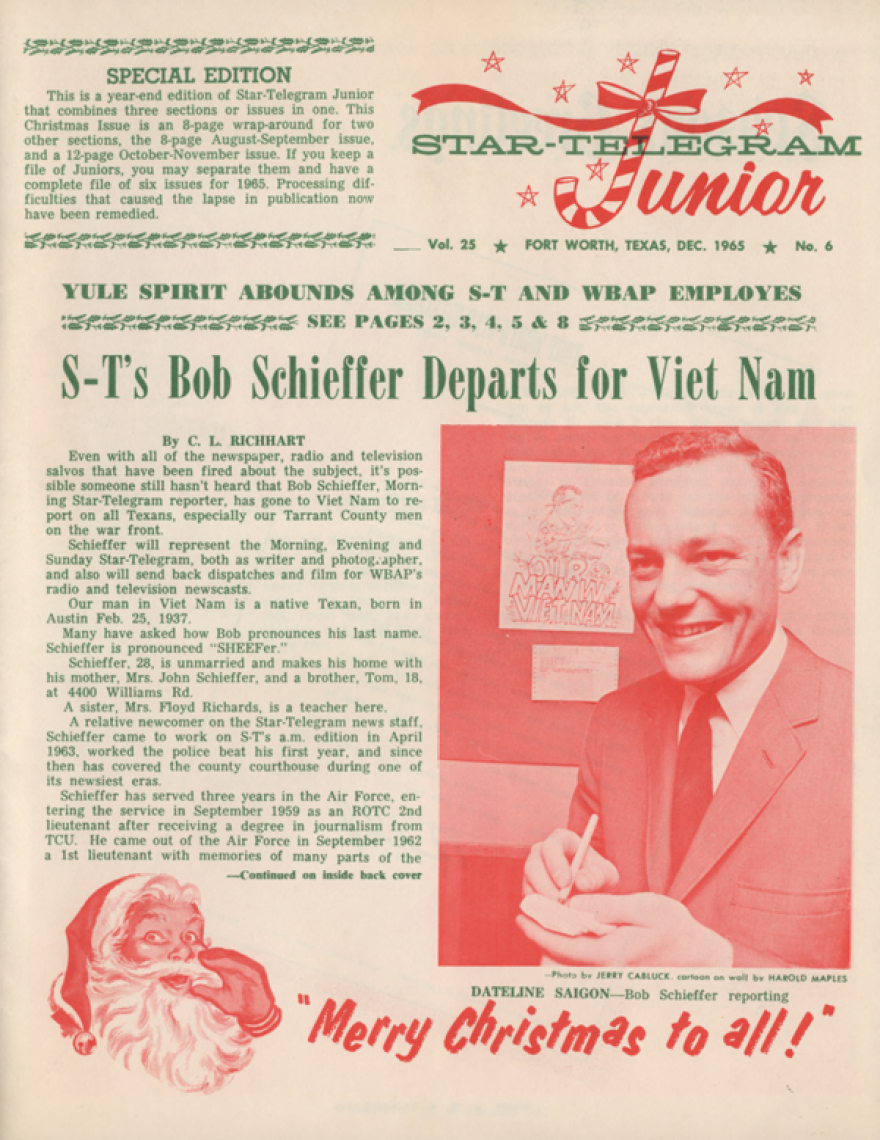 A scan of an old newspaper, "Star-Telegram Junior," advertising reporter Bob Schieffer's departure to Vietnam to cover the war.