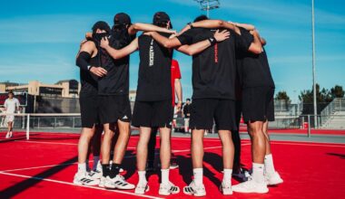 Niksa Arsic celebrating after winning a point. Texas Tech Men's Tennis vs UTRGV on February 7, 2026 (Photo by Adele Clarke/Texas Tech Athletics)