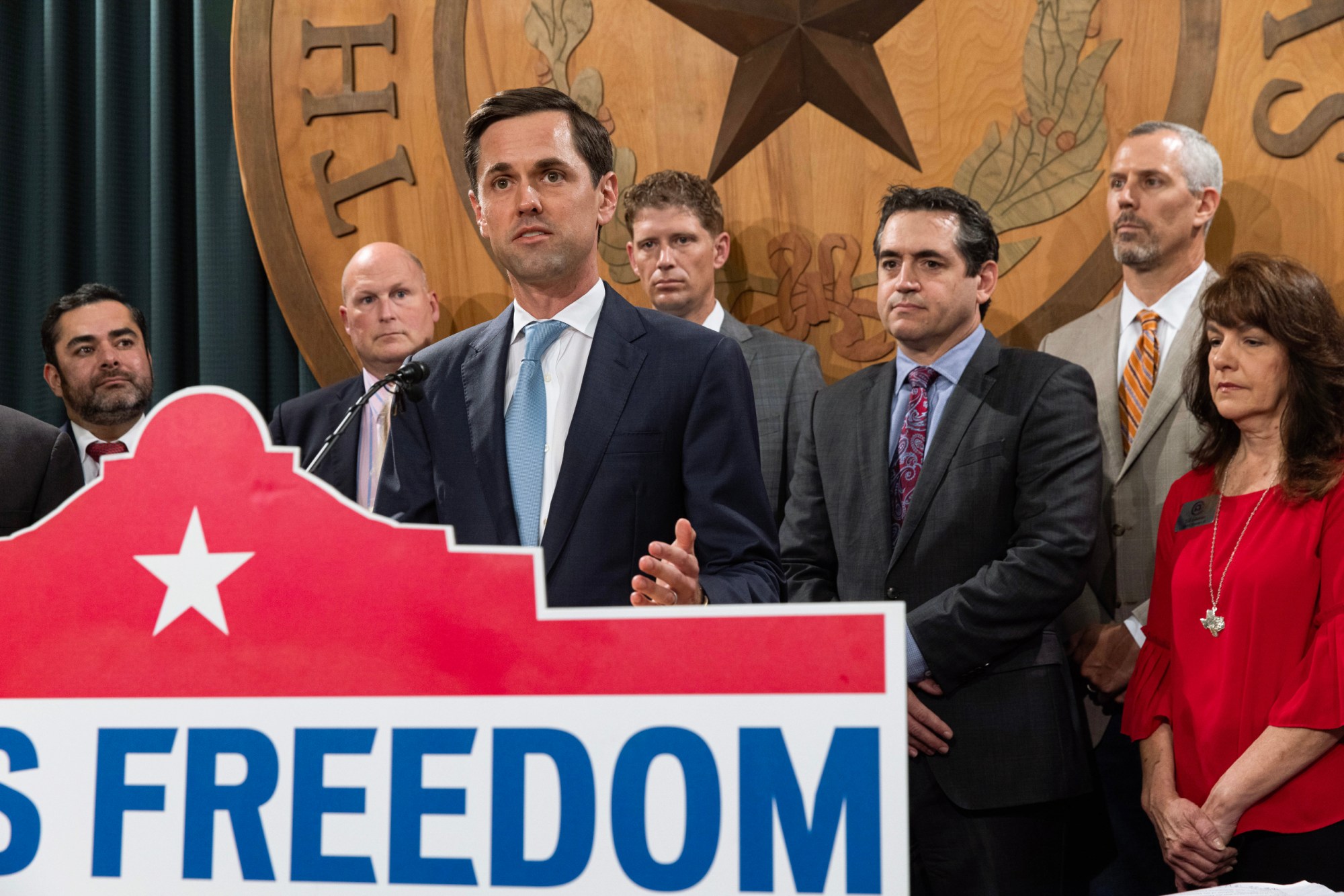 State Rep. Mayes Middleton, R-Wallisville, speaks at a Texas Freedom Caucus press conference on Monday, Aug. 30, 2021.
