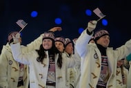 Team USA arrives during the Olympic opening ceremony at the 2026 Winter Olympics, in Milan,...