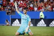 FC Dallas goalkeeper Maarten Paes cheers after winning against LA Galaxy during the second...