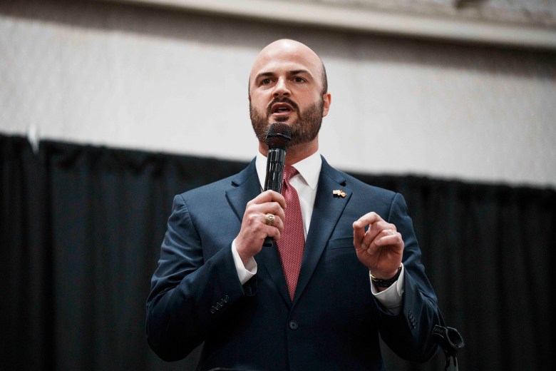Candidate for Texas Attorney General Aaron Reitz answers a question from a moderator during a Texas Republican candidate debate forum at the Civic Center in Canton on Saturday, January 17, 2026.
