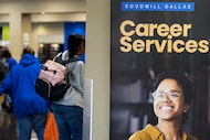 A sign highlights career programs at Goodwill Industries of Dallas on Oct. 23, 2025, in Dallas.