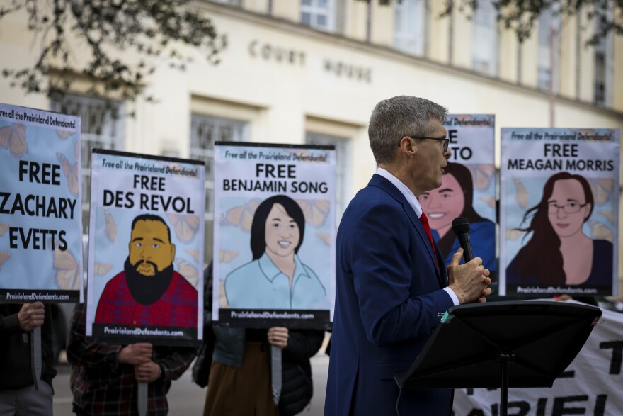 George Lobb, state attorney for Maricela Rueda, talks at a press conference as the Prairieland ICE shooting trial begins Tuesday, Feb. 17, 2026, inside the Eldon B. Mahon U.S. Courthouse in Fort Worth.