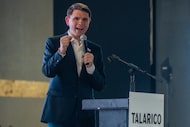 Democratic Texas Senate candidate James Talarico speaks to supporters at his campaign event...