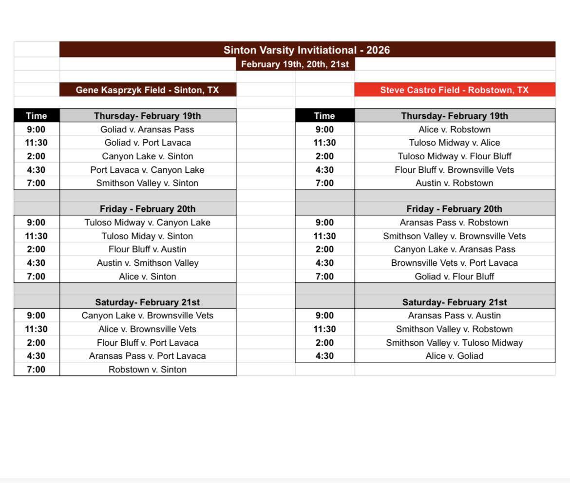 Sinton Varsity Invitational Schedule 2026
