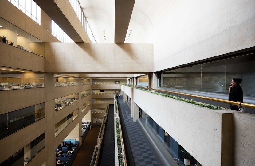 The Dallas City Hall atrium, known as the Great Court, spans 250 feet with a skylit,...