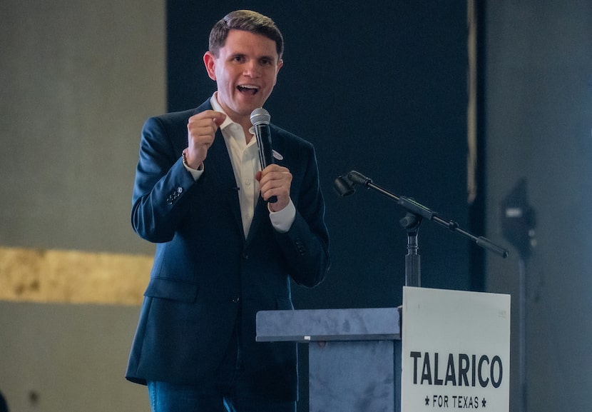 Democratic Texas Senate candidate James Talarico speaks to supporters at his campaign event...