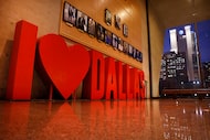 An ‘I Love Dallas’ sculpted sign stands inside Dallas City Hall November 3, 2025. 