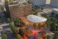 The plan’s rendering shows a midrise City Hall complex and landscaped terraces. A large,...