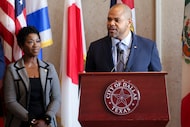Dallas City Manager Kimberly Bizor Tolbert (left) with Mayor Eric Johnson.