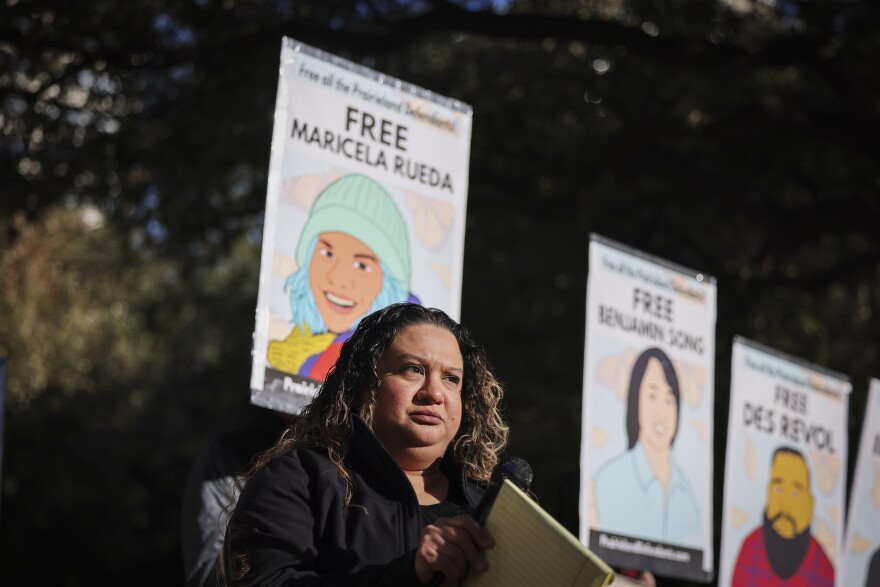 Diana Rueda, Maricela Rueda’s sister, talks about her sister at a press conference as the Prairieland ICE shooting trial restarts Monday, Feb. 23, 2026, in Fort Worth.