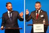 Incumbent Rep. Jeff Leach (left) debates his opponent Matt Thorsen (right) at a forum ahead...