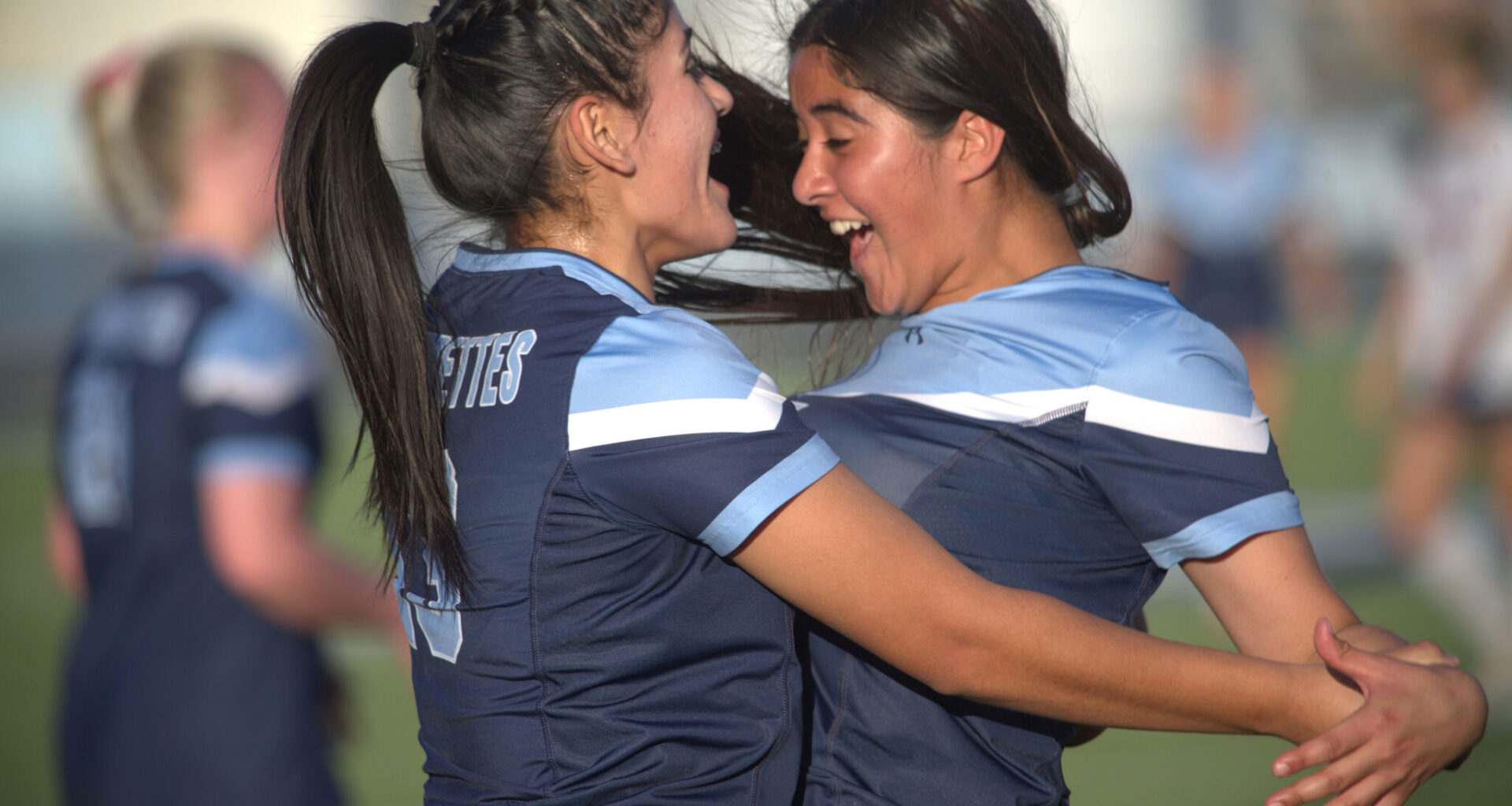 Greenwood's Amairani Ruvalcaba (right) celebrates with Gabriela Barrios after scoring a goal against Lubbock-Cooper Liberty, Feb. 24, 2026, at J.M. King Memorial Stadium. 