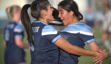 Greenwood's Amairani Ruvalcaba (right) celebrates with Gabriela Barrios after scoring a goal against Lubbock-Cooper Liberty, Feb. 24, 2026, at J.M. King Memorial Stadium. 