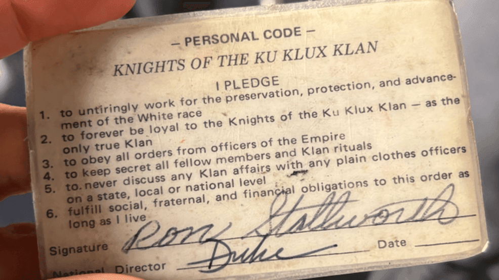 The is the back of Ron Stallworth's official Ku Klux Klan membership card from when he infiltrated KKK. It has the KKK's core beliefs on it. (KFOX14/CBS4)