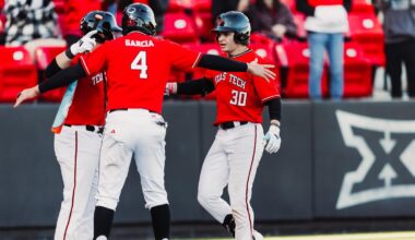 Texas Tech Freshman SS Linkin Garcia lets out a roar on a home run during the Red Raiders 21-12 marathon win over UTRGV Tuesday night in Edinburg. The home runs were the first two of the season by a Red Raider and the first two of Garcia's career.